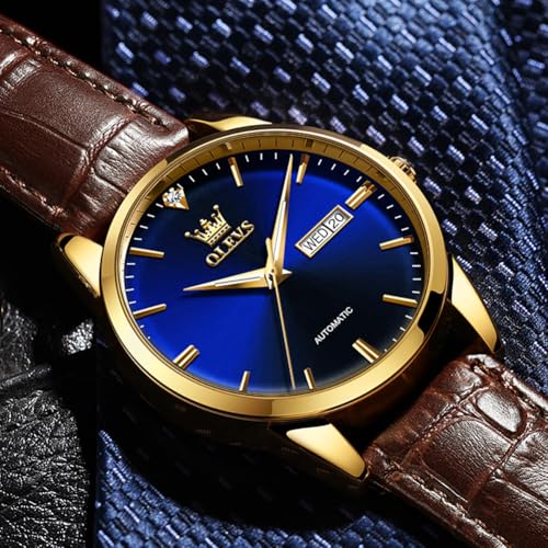 Image of OLEVS Brown Mens Leather Watch Dress Casual Day Date Quartz Wrist Watch