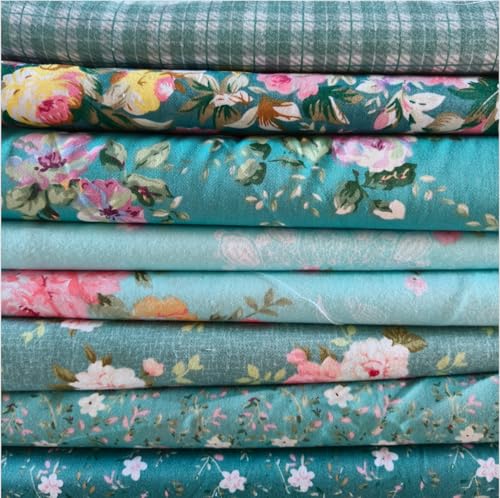 8PCS 9.8" x 9.8"(25 * 25CM) Quilting Fat Quarters Fabric Bundles, for Sewing Crafting,Print Floral Striped Polka Dot 100% Cotton Gingham Fabric (Blue Green Flowers, 25 * 25cm)