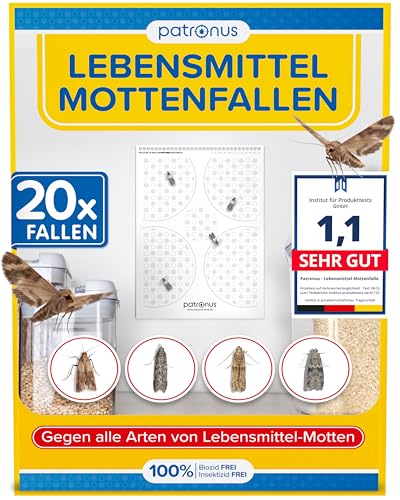 Patronus Lebensmittelmotten-Falle [20 Stück] - Mottenfalle gegen Lebensmittel-Motten mit maximaler Lockwirkung - Pheromonfalle mit Hochleistungs-Leim zur Befallsermittlung