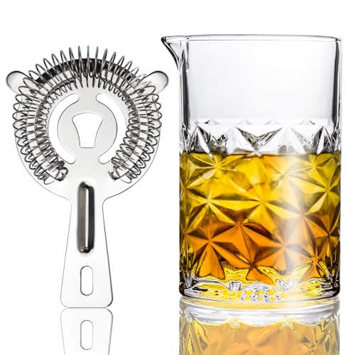 Cocktail Mixing Glass with Strainer Set, 24 oz Crystal Stirring Glass with 304 Stainless Steel Strainer, Elegant and Professional Barware Tools, Bartender Gifts for Men, Housewarming Gift