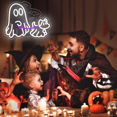 Image of Ghost Dog Neon Signs Halloween Neon Sign for Wall Decor Dimmable Ghost Neon Sign USB Powered Halloween Neon Window Sign Happy Halloween Neon Light for Bedroom Men Cave Home Party
