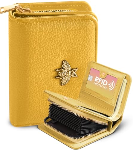 Image of Bistup Leather 12 Slot Accordion Card Holder Wallet, Yellow Bee | Accordion Storage, Zipper Around Closure, Compact Patterned Wallet for IDs, Cards, Cash, Daily Carry and Gifts