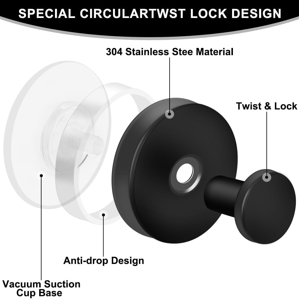 MGahyi Suction Cup Hooks for Shower, Bathroom, Hanging Towels, Robe, Wreath Hangers for Front Door, Mounting on Glass Shower Doors, Tile, Mirrors(Black, 4 Pack)