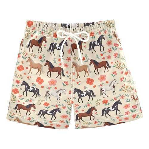 Boys Swim Trunks Quick Dry UPF 50+ Beach Board Shorts Kids Bathing Suits Swimsuit 2T Horse Flowers Grass