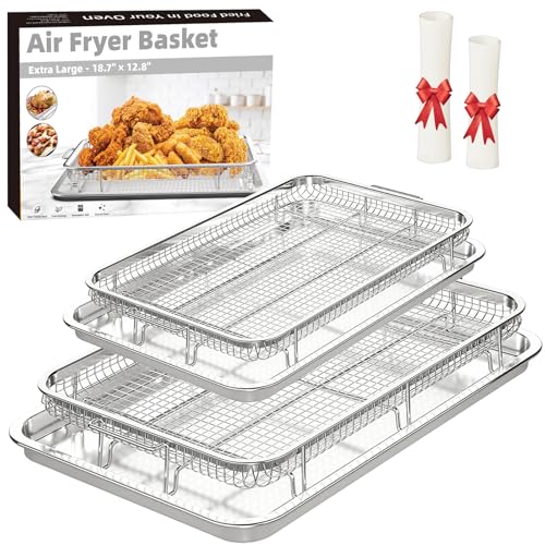Image of Air Fryer Basket for Oven,THORSES 2 Set Air Fryer Pan and Cripy Tray Set | with 60 Pcs Parchment Papers, 0.6mmThickened Stainless Steel NonStick Air Fryer Basket and Pan for Baking (18.8 inch&14.88 inch）