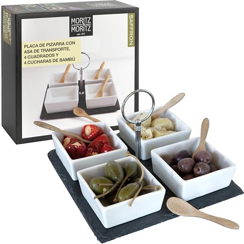 Moritz & Moritz Juego de Servir Saffron de 9 Piezas - Cuencos de Ceramica, Bandeja de Pizarra Cucharas de Bambu - Para Salsas Snacks Entrantes Postres