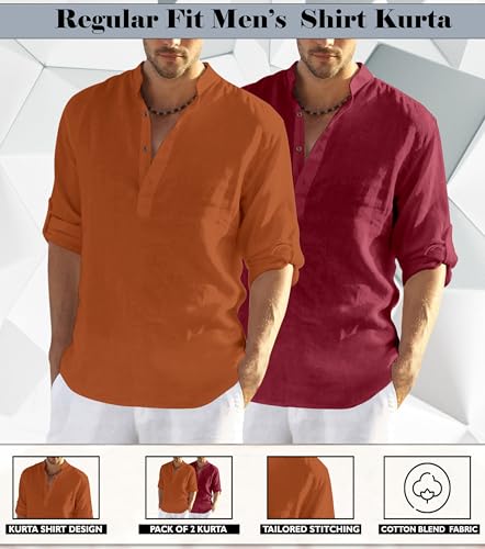 Image of Zombom Men's Combo Cotton Polyester Blend Solid Full Sleeve Straight Regular Fit Mandarin /Chinese Collor Kurta (Pack of 2)