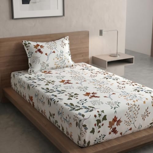 Image of Home Sizzler Microfibre Autumn Floral Printed All-Around Elastic Fitted Single Bedsheet (36 X 72) with 1 Pillow Cover - White /Earthy Tones