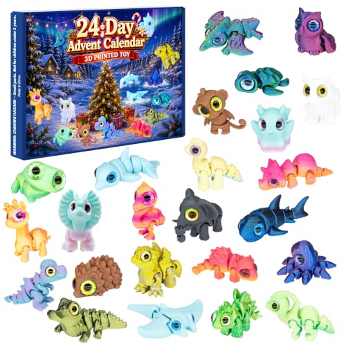 3D Printed Animals Advent Calendar 2026, 24 Days Christmas Countdown Calendar with Mini 3D Printed Animals, Dinosaur, Ocean & Forest Animal Desk Pets, Halloween & Christmas Gift for Kids Boys & Girls