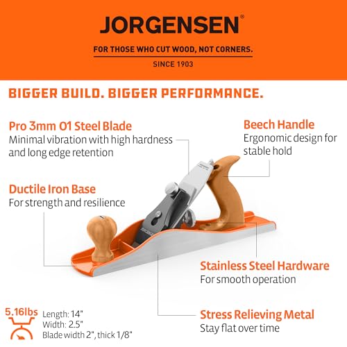 Image of JORGENSEN No.5 Wood Planer, Hand Planer for Woodworking, Jack Plane for Flattening, Smoothing - Professional Hand Plane with Ductile Iron Body, Adjustable Cutting Depth, Ergonomic Handle