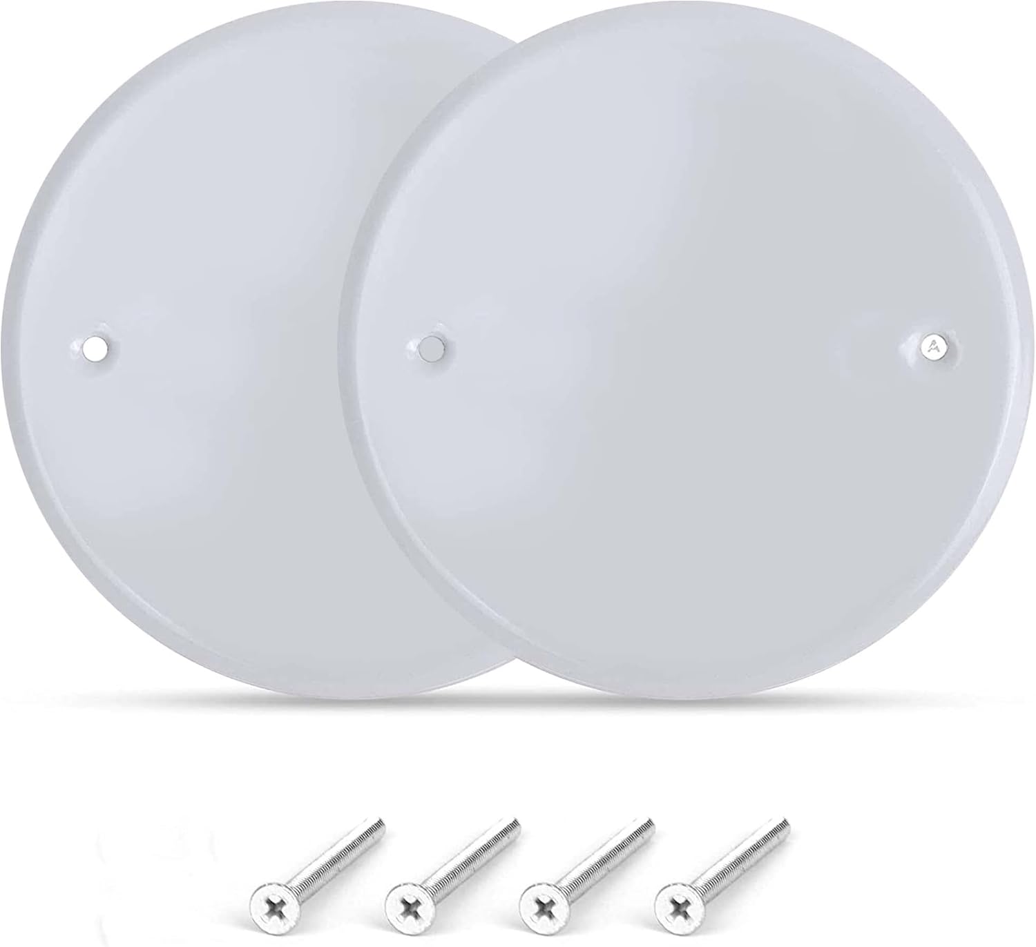 5 Inch White Metal Ceiling Blank-Up Cover, Used to Cover 3-1/2 or 4 Inch Round/Octagon Box Openings In Ceilings or Walls, Mounting Screws Included, Holes Are Spaced 3.5 Inches Apart