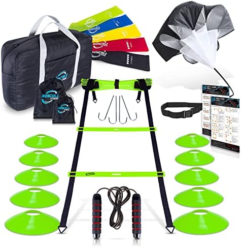 Invincible Fitness 20ft. Agility Ladder Set - Includes 10 Cones, 4 Hooks, 5 Loop Bands, Resistance Parachute, Jump Rope, & Carry Bag - Improves Speed, Power, Strength, Weight Loss (Full Set Green)