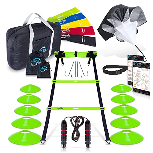 Invincible Fitness 20Ft. Agility Ladder Set - Includes 10 Cones, 4 Hooks, 5 Loop Bands, Resistance Parachute, Jump Rope, & Carry Bag - Improves Speed, Power, Strength, Weight Loss (Full Set Green) #TOP24