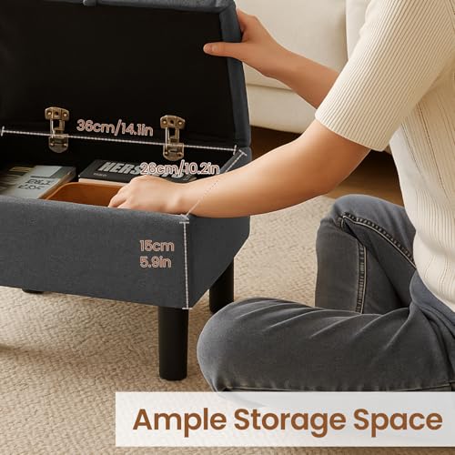 YORKING Footstool with Storage, Small Ottoman Stool, Fabric Footstool with Padded Seat, Sofa Footrest Extra Seating for Living Room Bedroom Entryway, 15.7"×11.8"×9.4", Dark Grey - Image 3