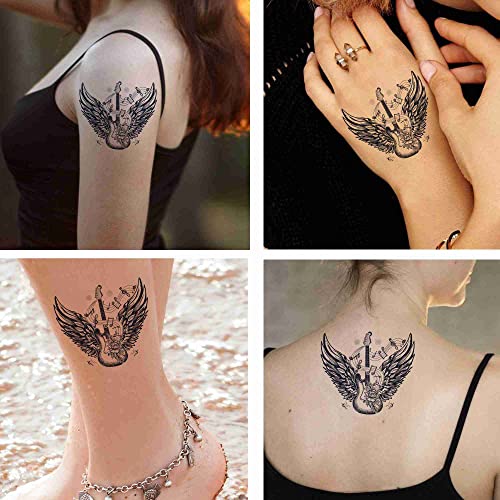 Dopetattoo 6 Sheets Temporary Fake Tattoos For Men Adults Electric Guitar Roses Angel Wing Music Notes Rock Roll Temporary Fake Tattoo For Women Neck Arm Chest For Woman #TOP2