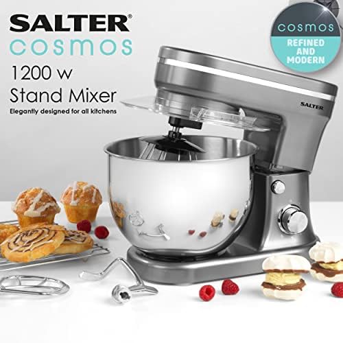 Salter EK4245GUNMETAL Stand Mixer with 6 Speed Settings, 5 L, Includes Whisk, Dough Hook, Beater, Removable Splash Guard, 1200 W, Cakes & Bread, Ideal for Beginners, Gunmetal Grey/Stainless Steel