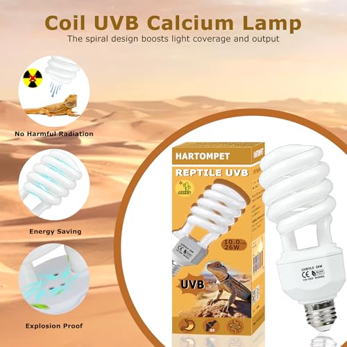 HARTOMPET UVB 10.0 Reptile Light 26W, Compact Fluorescent Desert Lamp, Powerful Coil UVB Bulbs for Reptile Tanks & Terrariums, Ideal for Tortoises, Iguanas & Other Sun-Loving Species