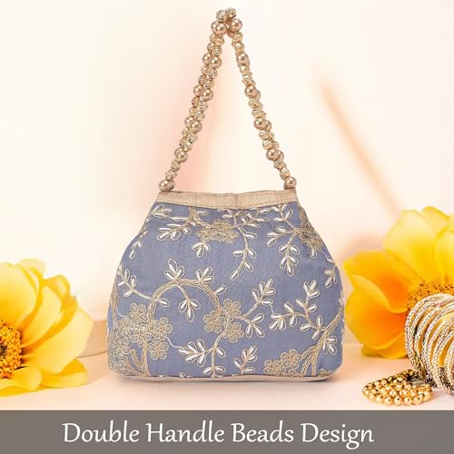 Image of Kuber Industries Pack of 2 Potli Bags for Ladies & Girls | Women Shagun Pouches for Festive Seasons | Bridal Purse | Moti Embroidery- Peach & Grey