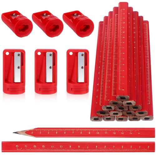 40 Pcs Carpenter Pencils with 6 Carpenter Pencil Sharpener 7 Inch Flat Octagonal Hard Black Woodworking Construction Pencils Compact Manual Pencil Sharpener for Woodworking Travel School Office