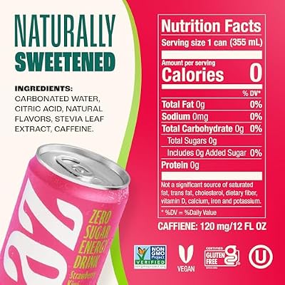 Zevia Zero Sugar Energy Drink, Strawberry Kiwi, 12 oz Cans (12-Pack) Naturally Sweetened, Zero Calorie Sugar Free Energy - Non-GMO Project Verified, Gluten-Free, Vegan
