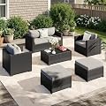 LazySunsets 6-Piece Outdoor Patio Furniture Set, Rattan Outdoor Sectional with Thick Waterproof Cushions, Wicker Ottomans & Waterproof Cover, Patio Conversation Set for Garden, Backyard, Grey