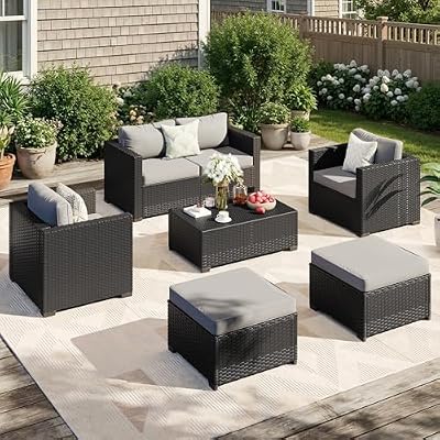 LazySunsets 6-Piece Outdoor Patio Furniture Set, Rattan Outdoor Sectional with Thick Waterproof Cushions, Wicker Ottomans & Waterproof Cover, Patio Conversation Set for Garden, Backyard, Grey