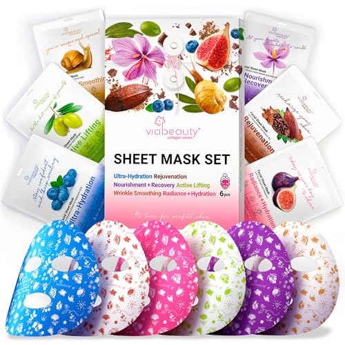6 Pack of Sheet Face Masks Skincare - Collagen Face Mask Sheets with Hyaluronic Acid, Vitamin C, Snail Mucin - Facial Sheet Mask for Hydrating, Moisturizing, Rejuvenating
