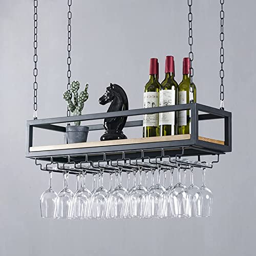 Ceiling Wine Rack, Metal Wine Shelf with Glass Holder, 1m Height Adjustable Hanging Wine Glass Rack, Wine Bottle Holder, Hanging Floating Shelf for Bars Restaurants Kitchen (Size : 100 * 25