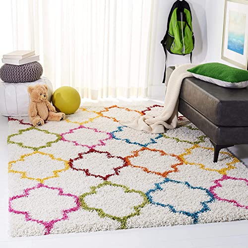 Image of Super Ultra Modern Soft Shaggy Handcrafted Anti-Skid Silk Touch Carpet, Size 9x9 Feet Square, Color Ivory /Multi