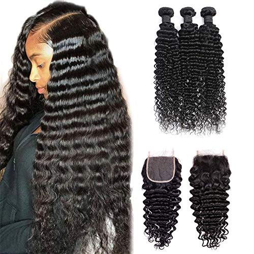 Deep Wave Bundles with Closure 9A Brazilian Deep Curly Human Hair Bundles and 4x4 Free Part 100% Unprocessed Virgin Hair Extensions Natural Black (14 16 18+12, Bundles With Closure)