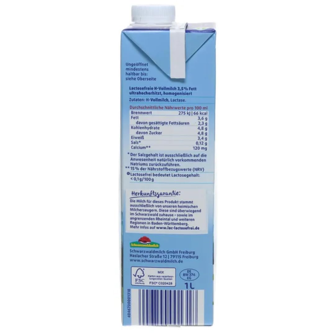 Pufai, Milch LAC H-Milch 3,5% Fett laktosefrei Haltbare Milch, je 1 Liter, 60 Stück + pufai