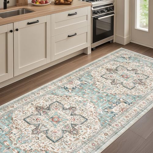 Tortania Area Rug 3x16 Runner Rugs - Washable Vintage Oriental Farmhouse Thin Indoor Carpet for Living Room Bedroom Hallway Entryway Kitchen Under Dining Table Home Office - Aqua Multi