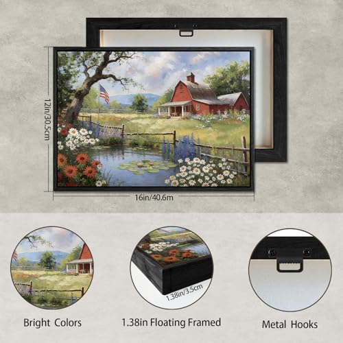 Image of American Flag Framed Canvas Wall Art, 4th of Jul Floral Canvas Prints, Summer Cottage Landscape Patriotic Decorations, Vintage Rustic Independence Day Wall Decor for Bedroom Living Room 12x16