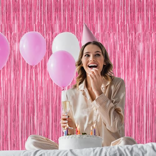Image of ZATAYE 12 Pack Pink Backdrop, 3.28 FT x 7.05 FT Foil Fringe Curtains, Metallic Pink Tinsel Curtain Party Streamer Birthday Backdrop for Girl, Valentines Day Decorations Bachelorette Party Supplies