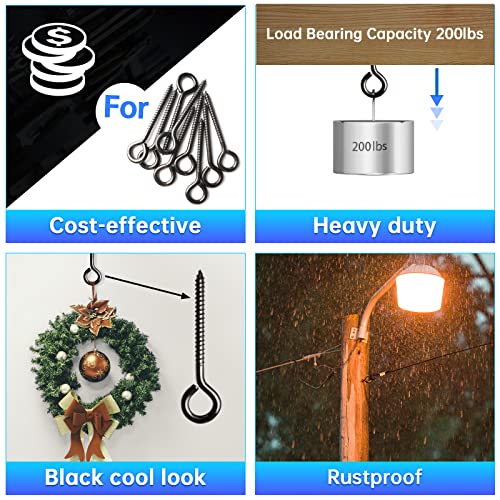 Image of Muzata 20 Pack Black Eye Hooks Screw 3.3 Inch Stainless Steel Eye Screws for Wood M6 Heavy Duty Eyelet Eyehook Securing Cables Wire Self Tapping Indoor Outdoor CR18