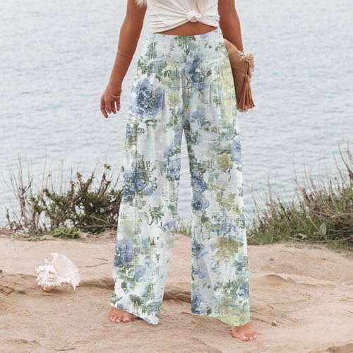 Pants for Women Floral Stretch High Waisted Flowy Pants Smocked Waist Summer Wide Leg Baggy Trouser Ruched Pocket 20253