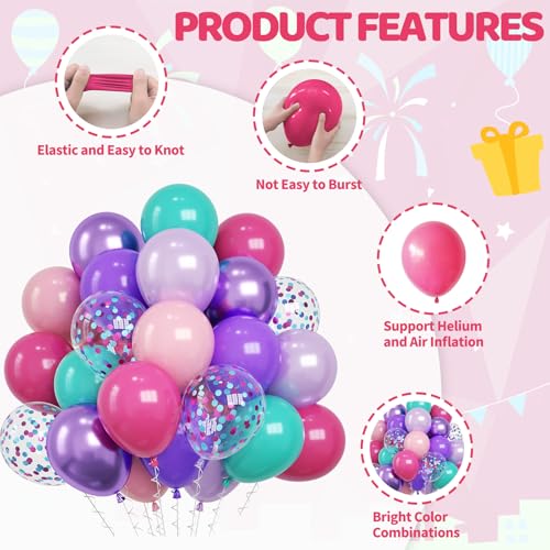 Image of Pink Purple Blue Balloons, 60PCS Hot Pink Balloons, 12 Inch Confetti Balloon Pastel Pink Teal Blue Metallic Purple Party Balloon for Girls Women Baby Shower Princess Wedding Birthday Party Decoration