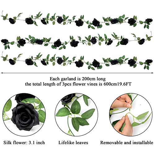 SHACOS 3pcs Artificial Flower Garland 3 Strand 6.0 m Fake Rose Garland Artificial Flowers Hanging Rose Vines for Wedding Garden Party Home Black - Image 3