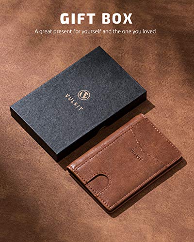 Image of VULKIT Bifold Front Pocket Slim Wallet RFID Blocking Minimalist Thin Leather Credit Card Holder Wallet for Men and Women Brown