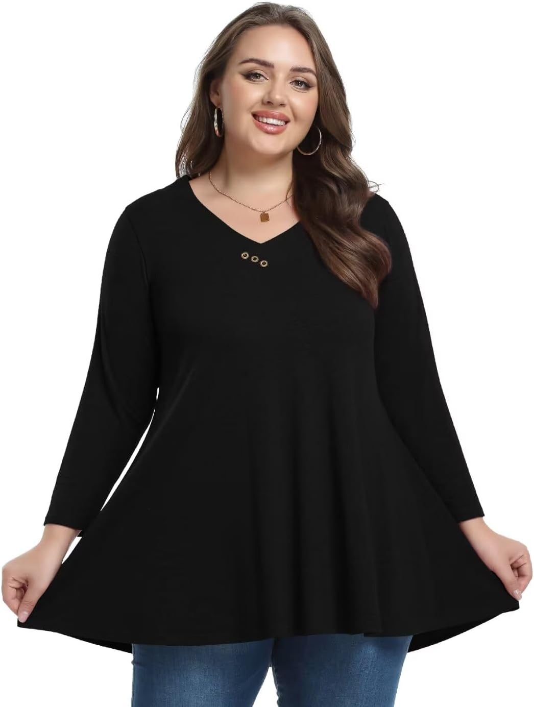 MONNURO Womens Plus Size 3/4 Sleeve V Neck Button Casual Loose Flowy Swing Tunic Tops Basic Tee Shirts for Leggings - Image 4