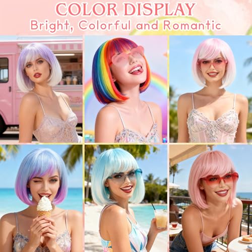 Image of PLULON Pink White Ombre Bob Wig with Bangs for Women Men, Colorful Short Funny Bob Wigs with Heart Sunglasses and Hair Cap Colored Cosplay Hairpieces for Halloween Costume Neon Bachelorette Party
