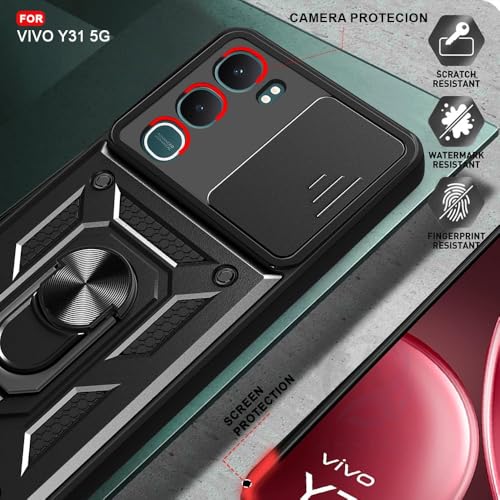 Image of Luxe Back Cover Compatible for Vivo Y31 | D10 Tough Armor Case | Sliding Camera Shield | 360 Protection | Kickstand Ring Holder | Military-Grade Bumper Case - Black