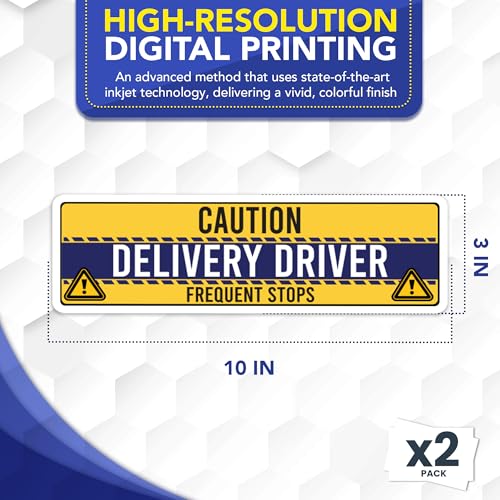 Image of Magnet Me Up Caution Frequent Stops Magnetic Decal - 3x10 Inch 2 Pack, UV Printed Yellow /Blue Automotive Vinyl Sign for Car, Delivery Driver Safety Magnet, Durable Weatherproof Accessory, Made in USA