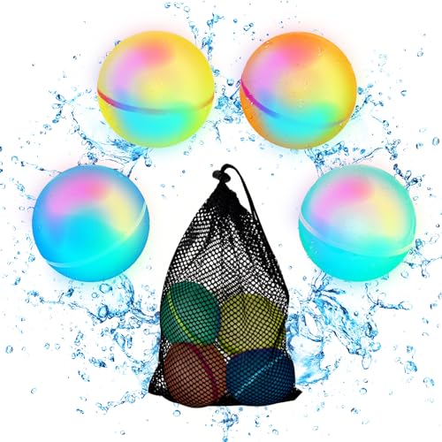 RNSSEZ Light Up Reusable Water Balloons Magnetic Self-Sealing Silicone Water Balloons for Kids Adults Summer Fun Party Pool Fun Beach Toys With LED Light (4PCS)