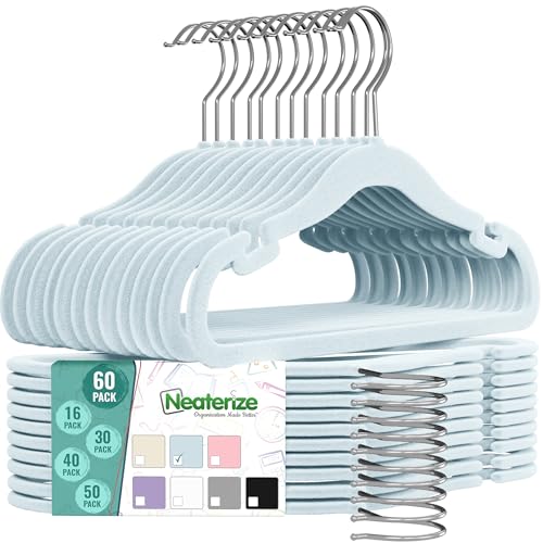 Image of Velvet Kids Hangers 60 Pack - Blue Toddler Hangers with Notches, Heavy Duty Non-Slip Velvet Baby Hanger