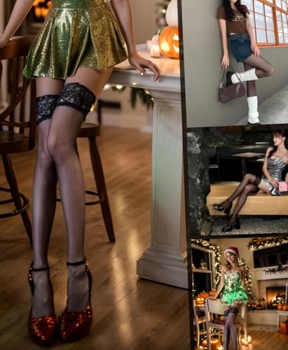 Womens Thigh High Ultra Sheer Stockings, Antiskid Silicone Lace Top Sexy Tights Stocking3