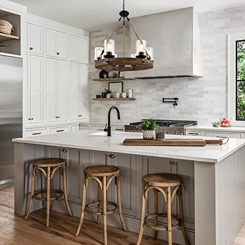 Rustic-6-Light-Wagon-Wheel-Chandelier-Round-Wood-Pendant-Light-with-Seeded-Glass-Shade-Farmhouse-Chandeliers-for-Dining-Room-Kitchen-Island-Foyer-Entryway Rustic 6 Light Wagon Wheel Chandelier Round Wood Pendant Light with Seeded Glass Shade Farmhouse Chandeliers for Dining Room Kitchen Island Foyer Entryway