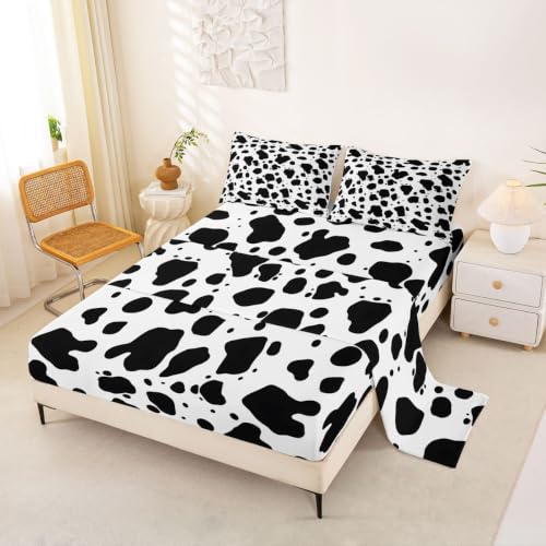 Kid Cartoon Full Bed Sheets Cow Print Sheet Set 4 Pcs Black White Milk Cow