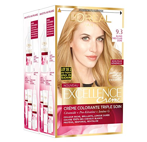 L'Oréal Paris - Excellence Crème - Coloration Permanente Triple Soin 100% Couverture Cheveux Blancs - Nuance 9,3 Blond Très Clair Doré - Lot de 2