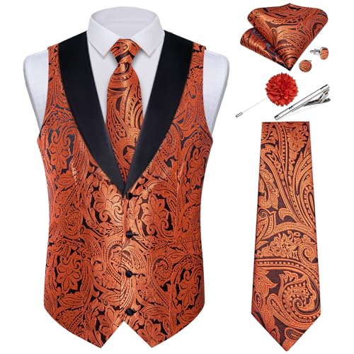 Image of DiBanGu Mens Paisley Suit Vest Silk Jacquard Waistcoat and Necktie Set Formal Shawl Collar Dress Vest 7PCS for Wedding Party